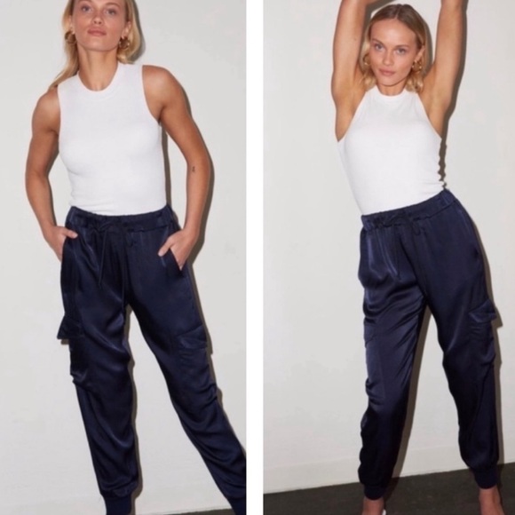 LNA x REVOLVE x SHOPBOP Satin‎ Silky Cargo Jogger Navy Blue, Size S - Picture 13 of 14